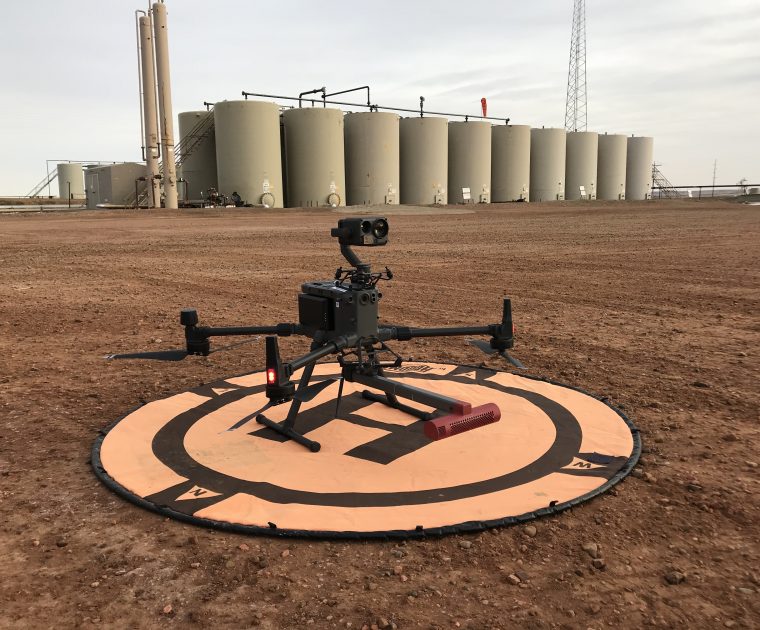 A drone fitted with the SeekOps SeekIR® sensor ready to deliver a fugitive emissions detection service.